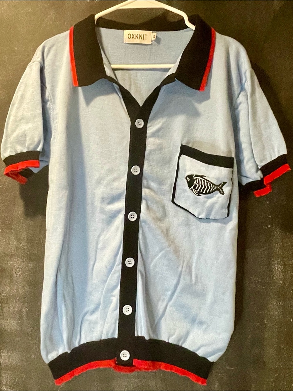 OXKNIT Retro Fish Bowling Shirt XL Blue Black Red Rockabilly Button Front cotton